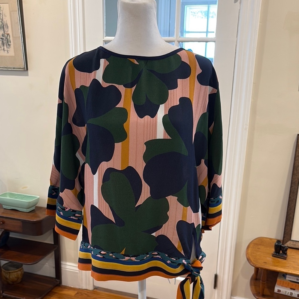 Blank London Women's Top with Bold Leaf Print and tie at waist.  Size S